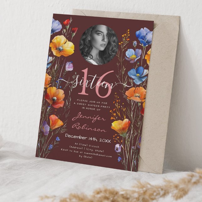 Invitation PHOTO Aquarelle Fleur sauvage doux 16 Bourgogne (PHOTO Watercolor Wildflowers Sweet 16 Burgundy Invitation)