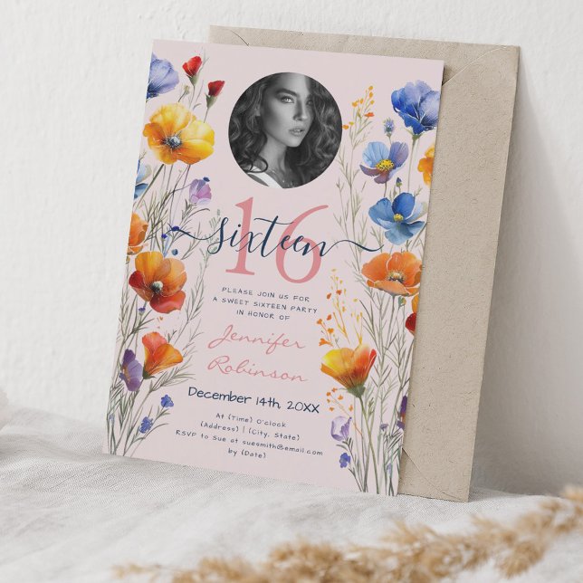 Invitation PHOTO Aquarelle Fleur sauvage doux 16 rose pâle (PHOTO Watercolor Wildflowers Sweet 16 Blush Pink Invitation)