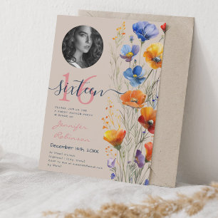 Invitation PHOTO Aquarelle Fleur sauvage Sweet 16 Champagne