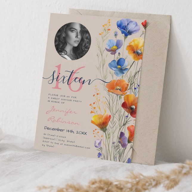 Invitation PHOTO Aquarelle Fleur sauvage Sweet 16 Champagne (PHOTO Watercolor Wildflowers Sweet 16 Champagne Invitation)
