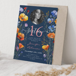 Invitation PHOTO Aquarelle Fleurs sauvages doux 16 bleu marin