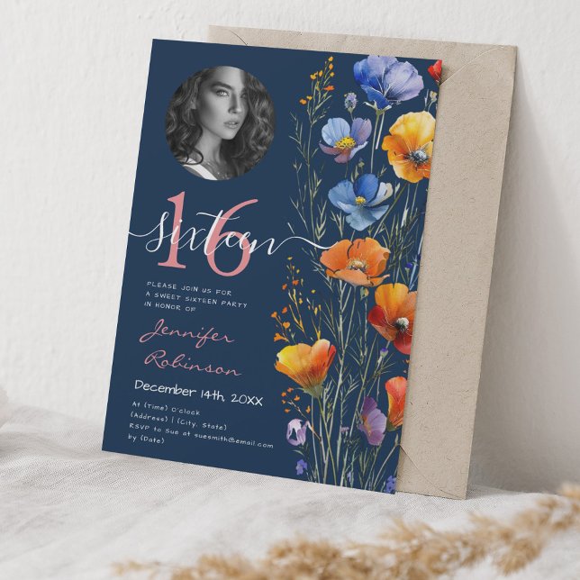 Invitation PHOTO Aquarelle Fleurs sauvages doux 16 bleu marin (PHOTO Watercolor Wildflowers Sweet 16 Navy Blue Invitation)