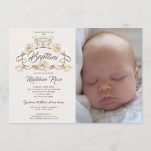 Invitation Photo Aquarelle Rustique Floral Baptême