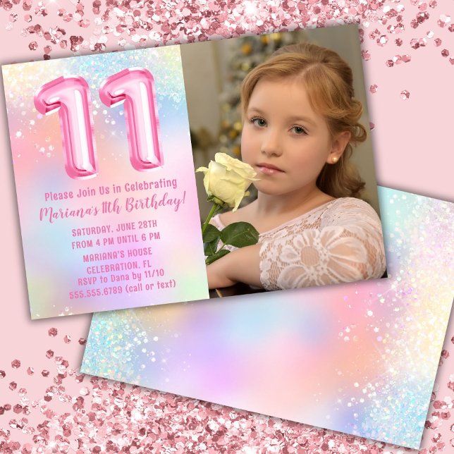Invitation Photo Arc-en-ciel rose 11e anniversaire (Créateur téléchargé)
