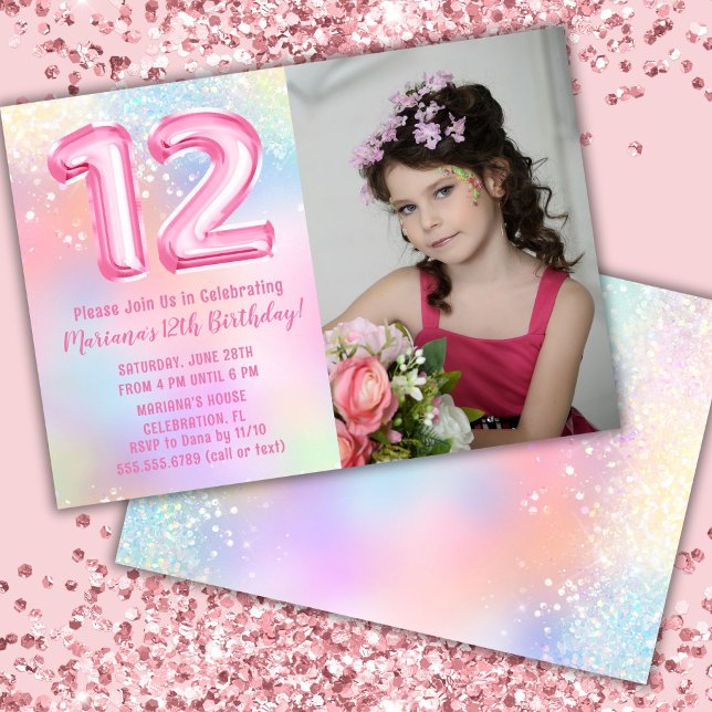 Invitation Photo Arc-en-ciel rose 12e anniversaire (Créateur téléchargé)
