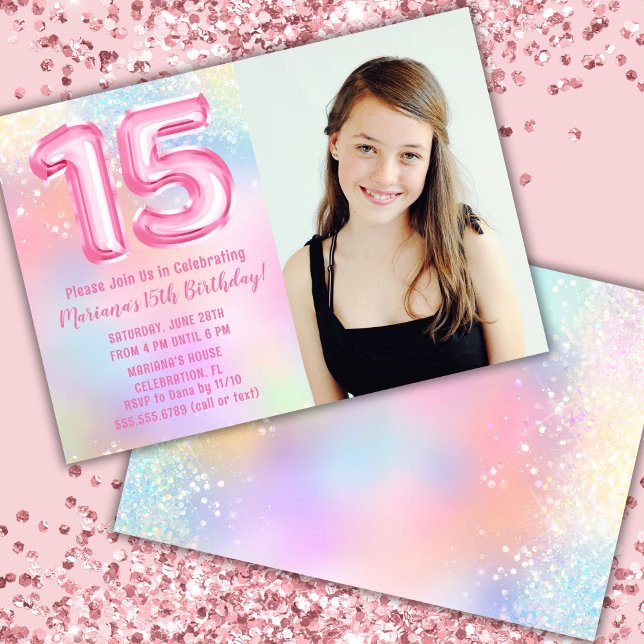 Invitation Photo Arc-en-ciel rose 15e anniversaire (Créateur téléchargé)