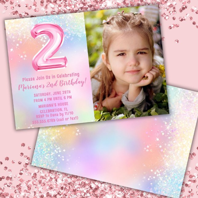 Invitation Photo Arc-en-ciel rose 2e anniversaire (Créateur téléchargé)