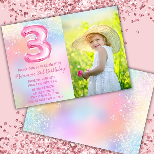 Invitation Photo Arc-en-ciel rose 3e anniversaire (Créateur téléchargé)