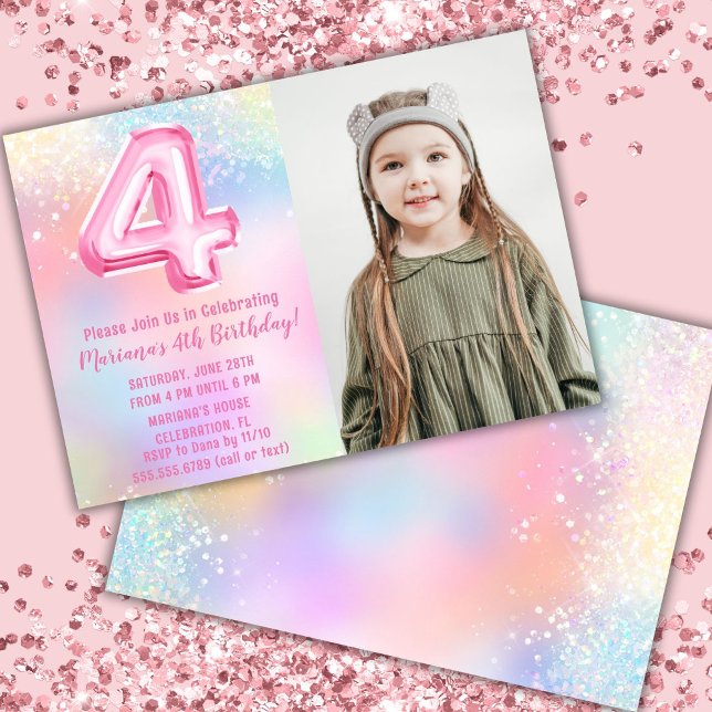 Invitation Photo Arc-en-ciel rose 4e anniversaire (Créateur téléchargé)