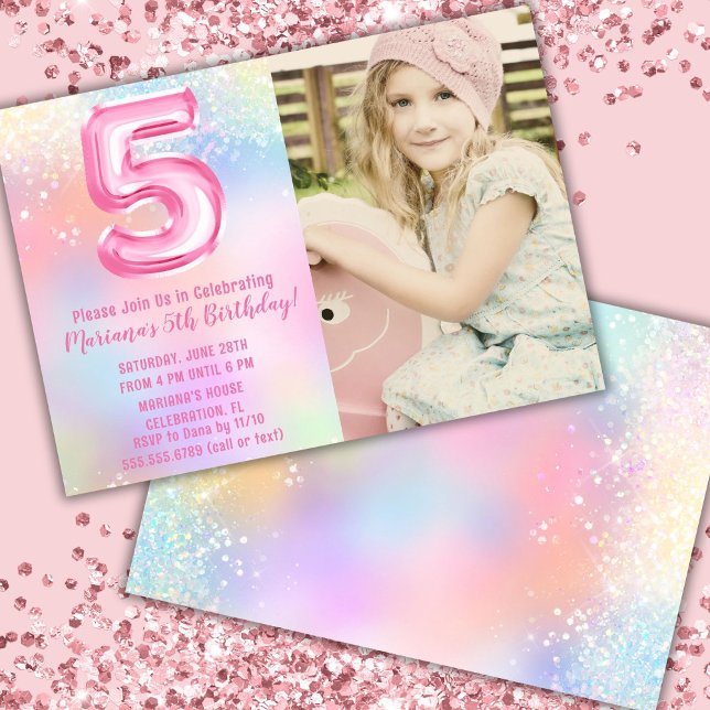 Invitation Photo Arc-en-ciel rose 5e anniversaire (Créateur téléchargé)
