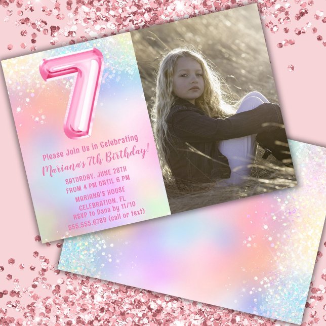Invitation Photo Arc-en-ciel rose 7e anniversaire (Créateur téléchargé)