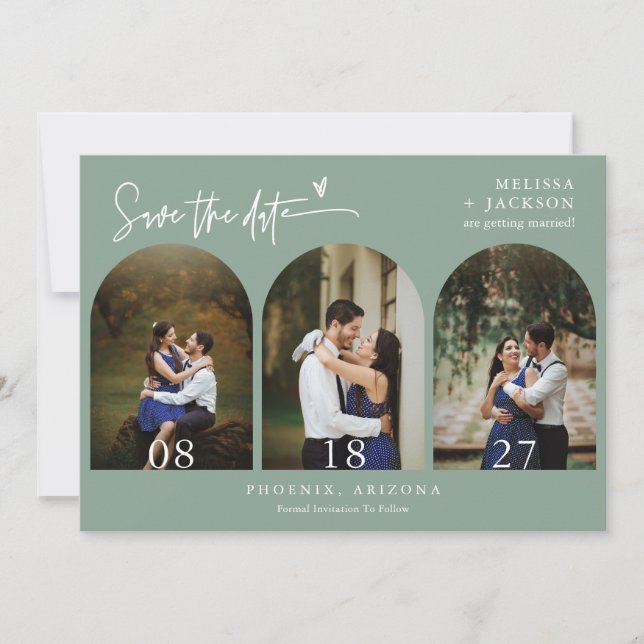 Invitation Photo Arc vert moderne Sage Code QR Enregistrer la (Devant)