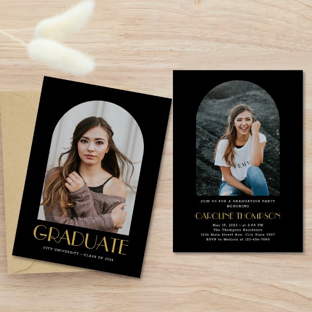 Invitation Photo Arch moderne Black & Gold Graduation Party (Créateur téléchargé)