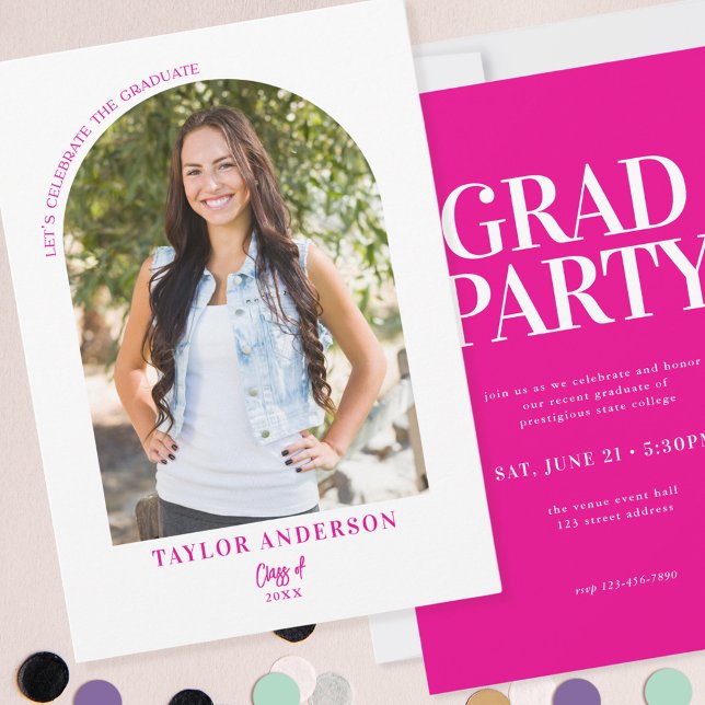 Invitation Photo Arch moderne Fuchsia Pink Graduation Party (Créateur téléchargé)