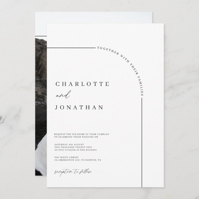 Invitation Photo Arch moderne Mariage noir et blanc (Devant / Derrière)