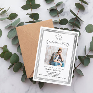Invitation Photo argent blanc Graduation Party