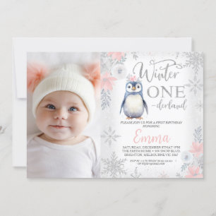 Invitation Photo Argent Penguin Hiver Anniversaire des neiges