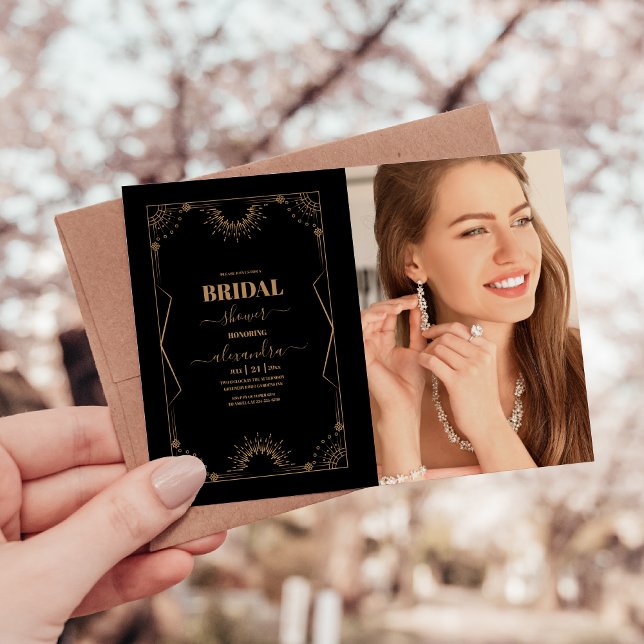 Invitation Photo Art Déco Bride Noir et Or (Créateur téléchargé)