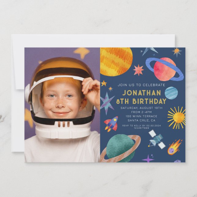Invitation Photo Astronaut Planètes Space Boy Anniversaire (Devant)