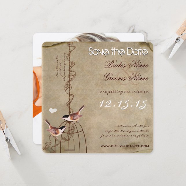 Invitation Photo au verso Cage à oiseaux Save the Date (Devant/Arrière en situation)