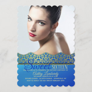 Invitation photo avec bordure bleue et or