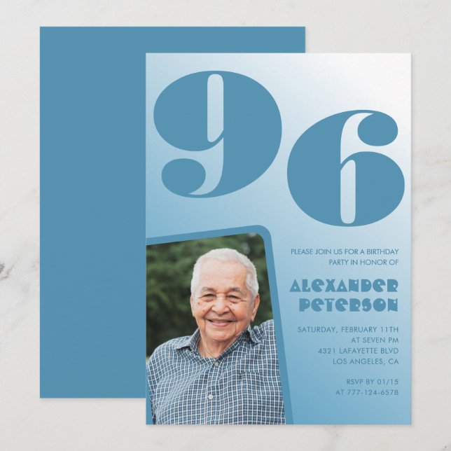 Invitation Photo avec dégradé bleu rétro 96e anniversaire (Devant / Derrière)