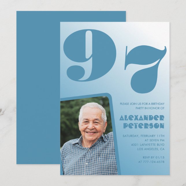 Invitation Photo avec dégradé bleu rétro 97e anniversaire (Devant / Derrière)