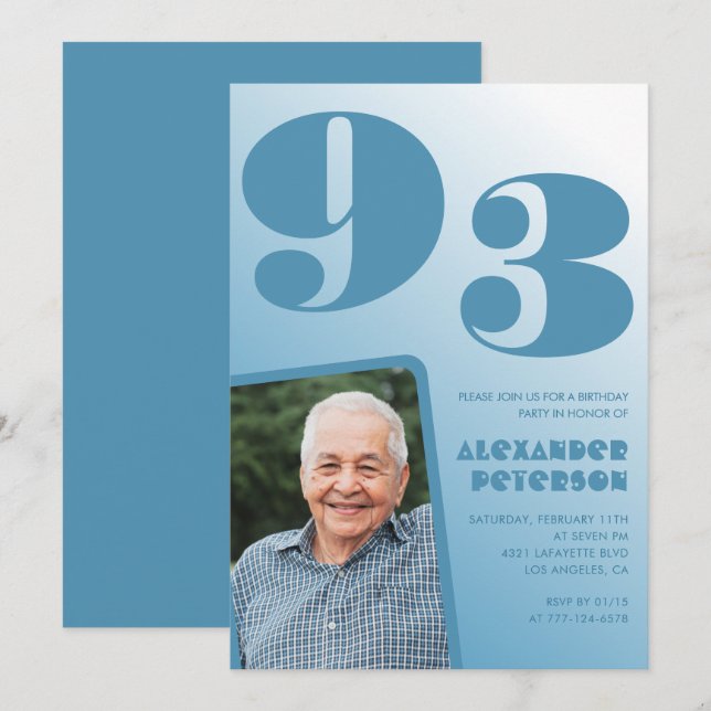 Invitation Photo avec dégradé bleu rétro pour 93e anniversair (Devant / Derrière)