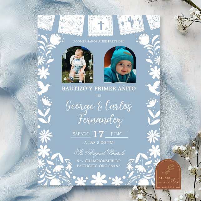 Invitation Photo Baby Blue Cielito Lindo Boy Twins Baptism (Créateur téléchargé)