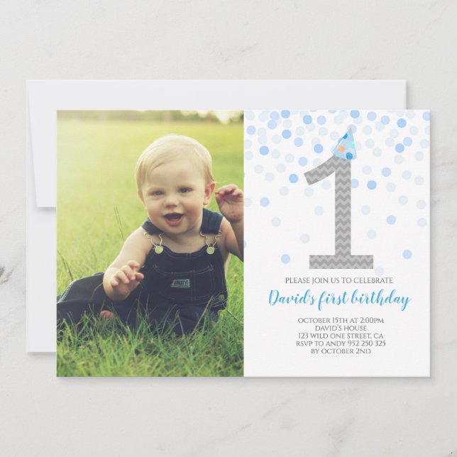Invitation Photo Baby Boy First Birthday Blue Confetti (Devant)