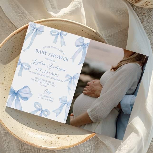Invitation Photo Baby shower bleu Coquette Bow (Créateur téléchargé)