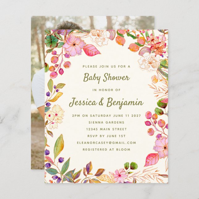 Invitation photo Baby shower floral d'aquarelle bu (Devant / Derrière)
