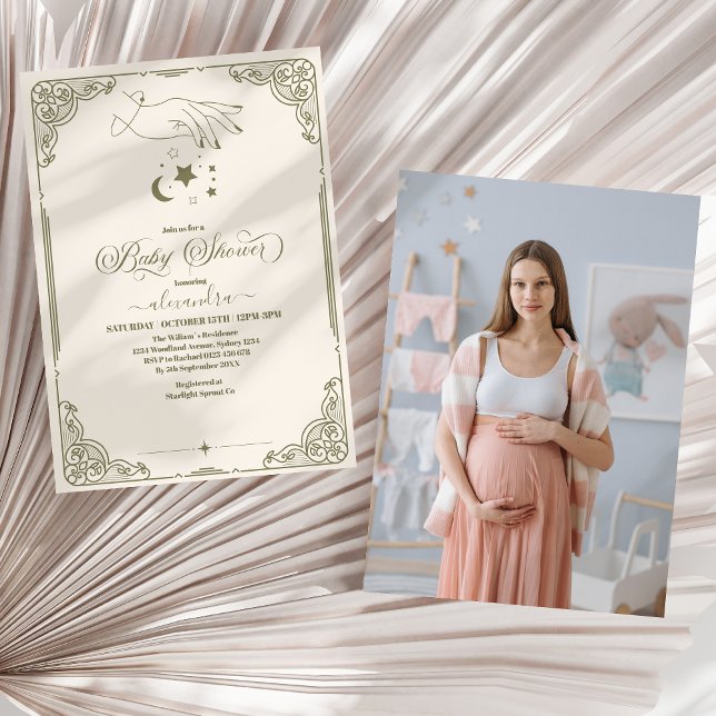 Invitation Photo Baby shower végétal céleste Vintage (Créateur téléchargé)