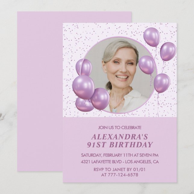 Invitation photo ballons violets chic 91e annivers (Devant / Derrière)