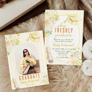 Invitation Photo Bandes Jaunes Citrons et Fleurs Remise des D
