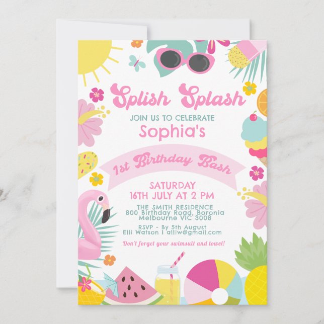 Invitation Photo Bannière rose Retro Splish Splash 1er annive (Devant)