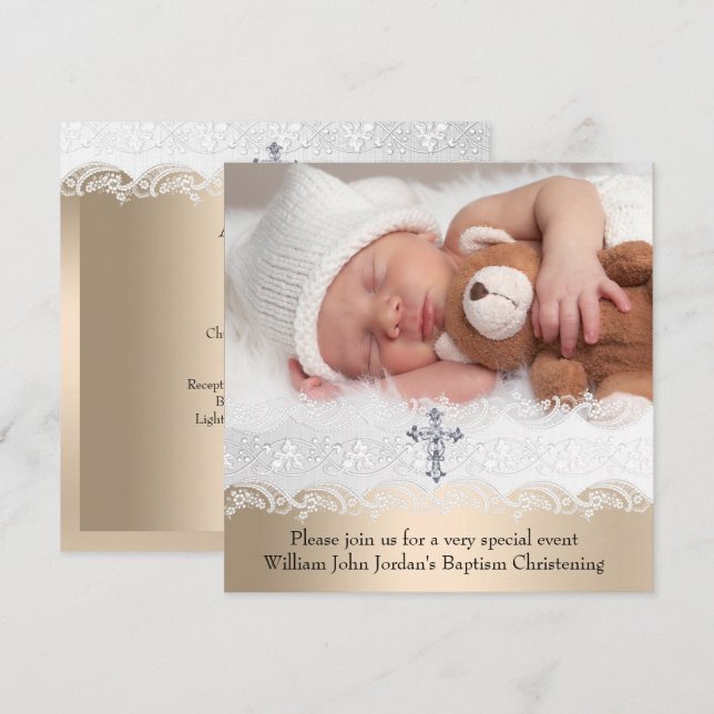 Invitation Photo Baptême Blanc Beige Croix Bébé Fille Garçon (Devant / Derrière)