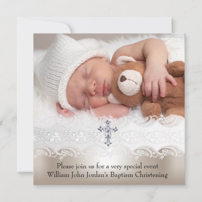 Invitation Photo Baptême Blanc Beige Croix Bébé Fille Garçon (Devant)
