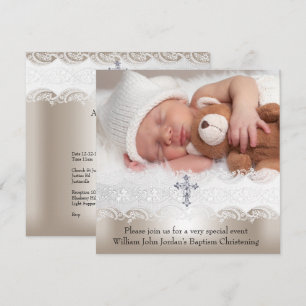 Invitation Photo Baptême Croix Beige Blanc Baby Girl Boy