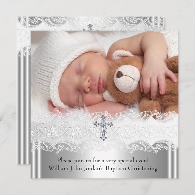 Invitation Photo Baptême Croix dentelle bébé garçon fille arg (Devant / Derrière)