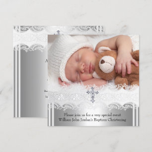 Invitation Photo Baptême Dentelle Croix Bébé Fille Garçon Arg
