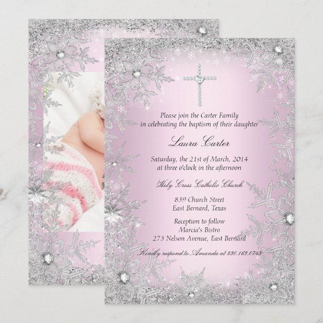 Invitation Photo Baptême Flocon de Neige Rose Argent (Devant / Derrière)