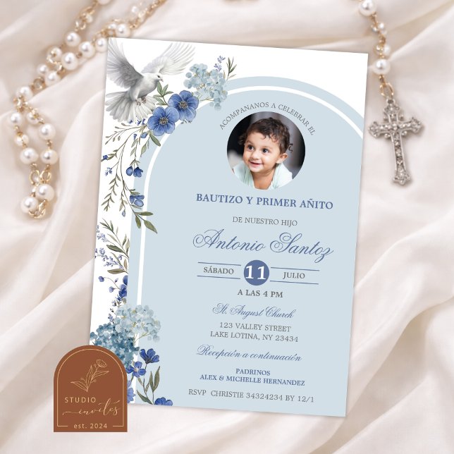 Invitation Photo Baptême Hydrangea Fleur Sauvage Bleue (Créateur téléchargé)