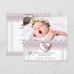 Invitation Photo Baptême Pink Silver Heart Cross Girl Pearl