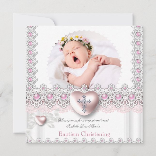Invitation Photo Baptême Pink Silver Heart Cross Girl Pearl 2 (Devant)
