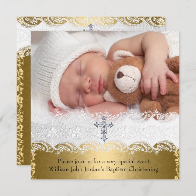 Invitation Photo Baptism Gold Lace Cross Baby Boy Girl (Devant / Derrière)