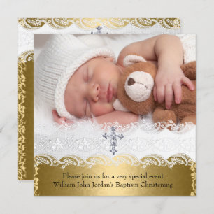 Invitation Photo Baptism Gold Lace Cross Baby Boy Girl