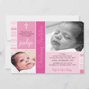Invitation PHOTO BAPTISM jolie essence rayée rose motif