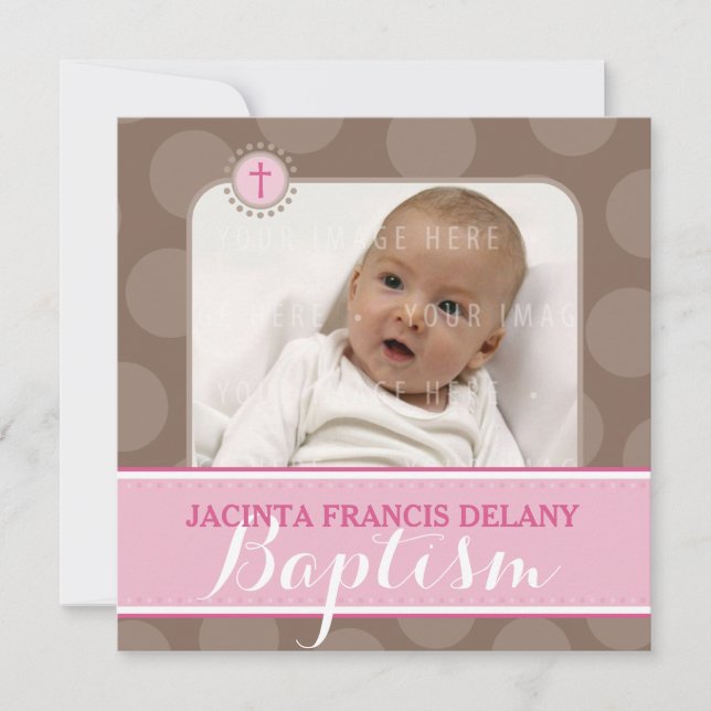 Invitation PHOTO BAPTISM mignon grand poteau rose (Devant)