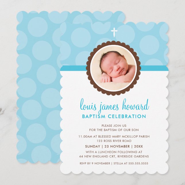 Invitation PHOTO BAPTISM pois moderne motif bleu garçon (Devant / Derrière)